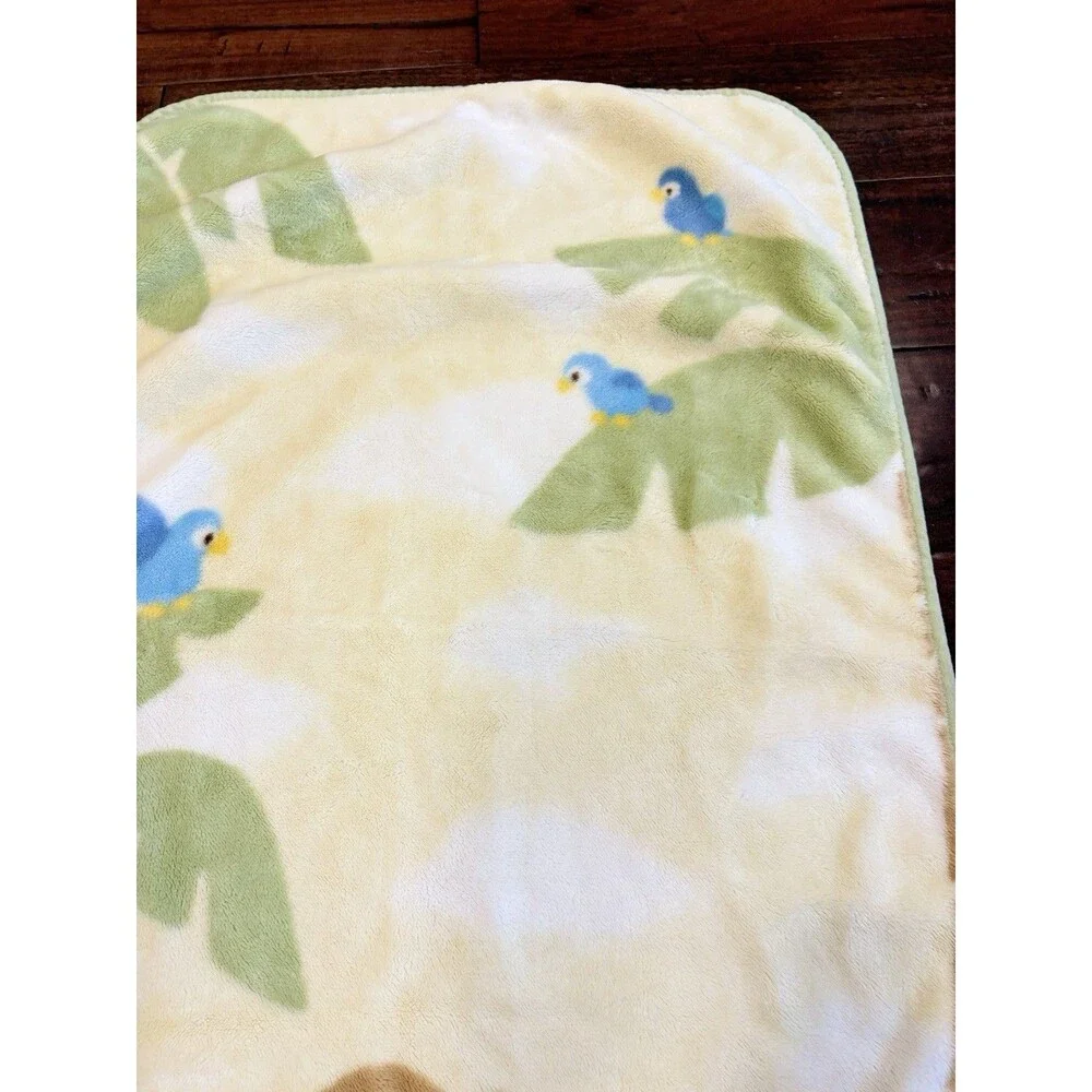Vtg Carter's MONKEY Blue Birds Palm Trees Jungle Yellow Fleece Baby Blanket Luxe
